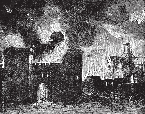 Great Fire London History of England circa 1883 - antique vintage woodcut artwork illustration