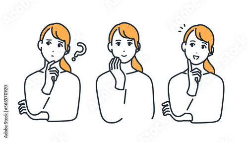 考える表情と笑顔で解決した表情の若い女性のシンプルなベクターイラストセット素材