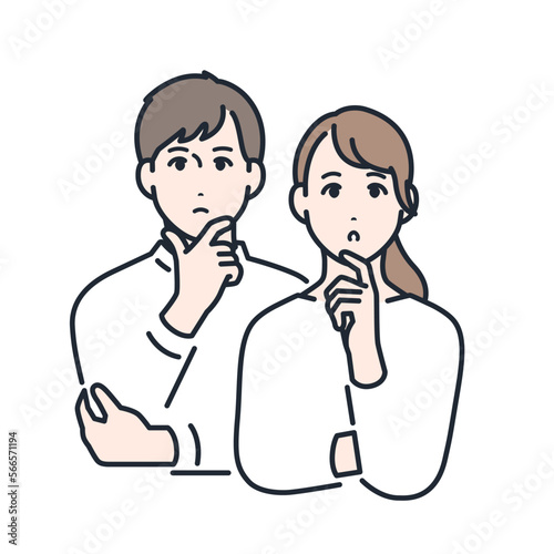 真面目に考える若い夫婦のシンプルなベクターイラスト素材