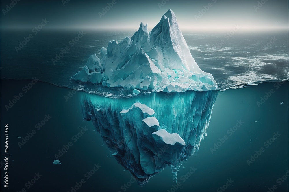 Obraz premium Composition of iceberg seen underwater in sea over blue sky, created using generative ai technology
