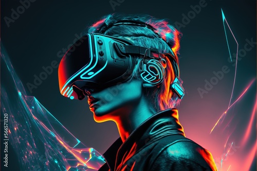 Caucasian woman in futuristic vr headset and glowing network, created using generative ai technology