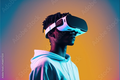 African american man in white hoodie and vr headset, created using generative ai technology © Future Vision