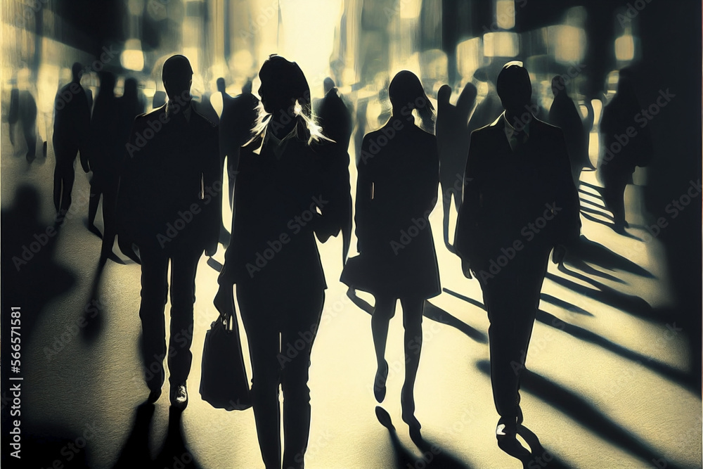 Crowd of business people walking and moving fast in the city. Street motion blur walk in the city. Silhouettes of successful women walking through the city stomping. Ai generated.