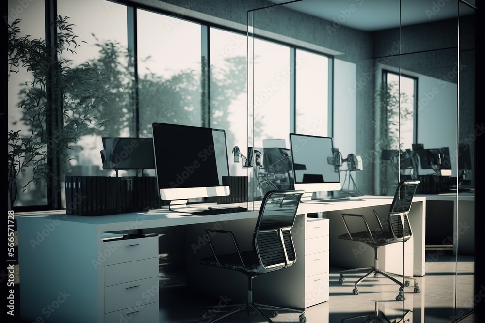Fototapeta premium Modern office interior with desks, computers and window created using generative ai technology