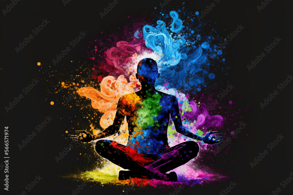 buda yoga chakra zen Happy Holi colorful background. Festival of colors, colorful rainbow holi paint color powder explosion isolated white wide panorama background. - obrazy, fototapety, plakaty 