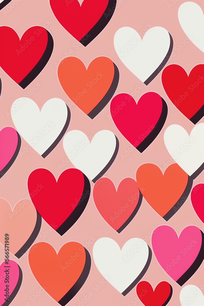 Rows of red, orange and white hearts on pink background, created using generative ai technology