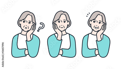 悩みを解決したシニア女性のシンプルなベクターイラストセット素材