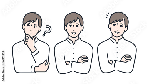 悩みと喜びの表情の若い男性のシンプルなベクターイラストセット素材