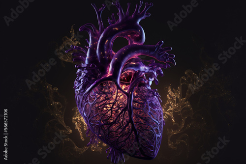 Human heart model - futuristic medical concept - purple neon-infused - minimal dark background - created with Generative AI technology