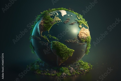 Globe with overgrowing green plants on black background  created using generative ai technology