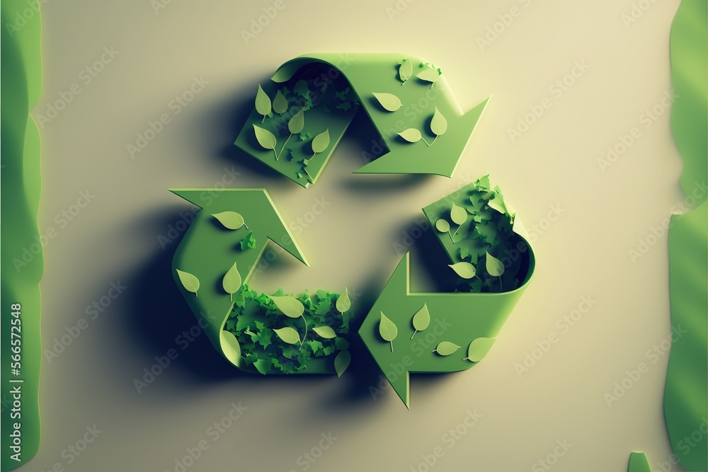 Green recycling symbol with leaves on beige background, created using ...