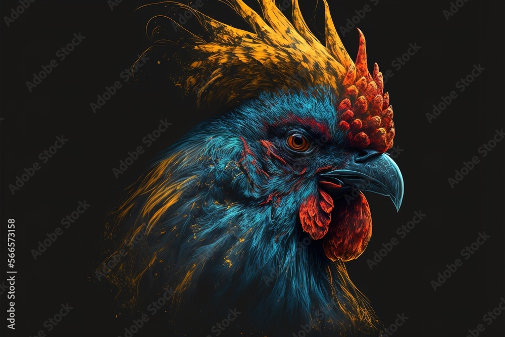 Blue Rooster Portrait With Red Crest On Black Background Generative AI