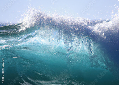 Close up of clear ocean wave over blue sky, created using generative ai technology