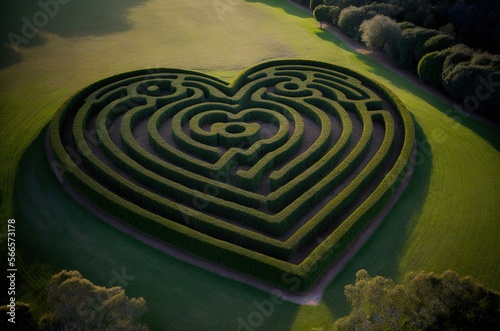 Green Heart Shaped Maze On Green Grass Field Generative AI