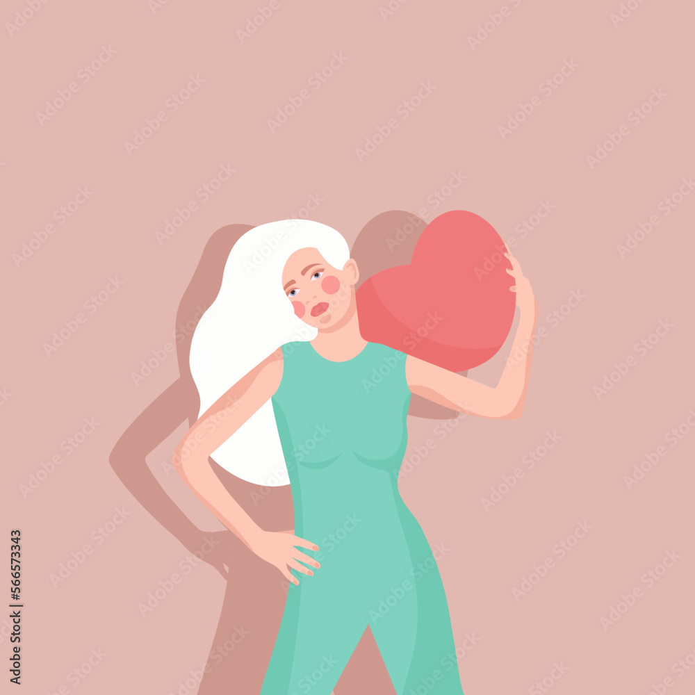 Banner with woman in pink dress, hugging pink heart. Happy Valentine's Day. Flat vector illustration. Banner with woman in pink dress, hugging pink heart. Happy Valentine's Day. Flat vector illustration.