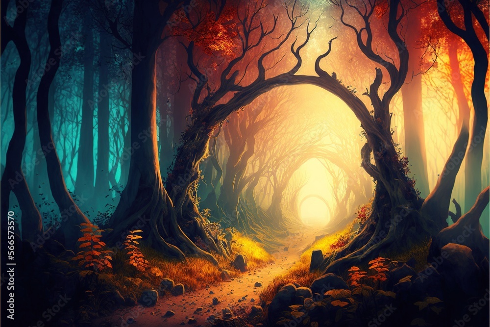 Image of fantasy landscape with forest, created using generative ai technology Image of fantasy landscape with forest, created using generative ai technology