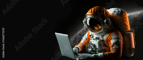 Work from anywhere concept with Astronauts working on laptop with spacesuit - generative ai image
