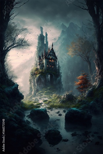 Image of fantasy landscape with castle, created using generative ai technology