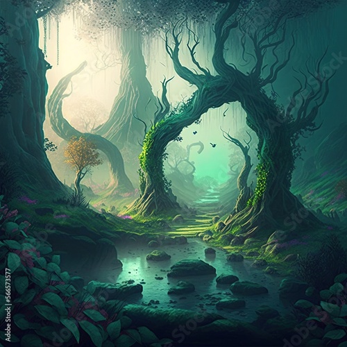 Image of fantasy landscape with forest, created using generative ai technology