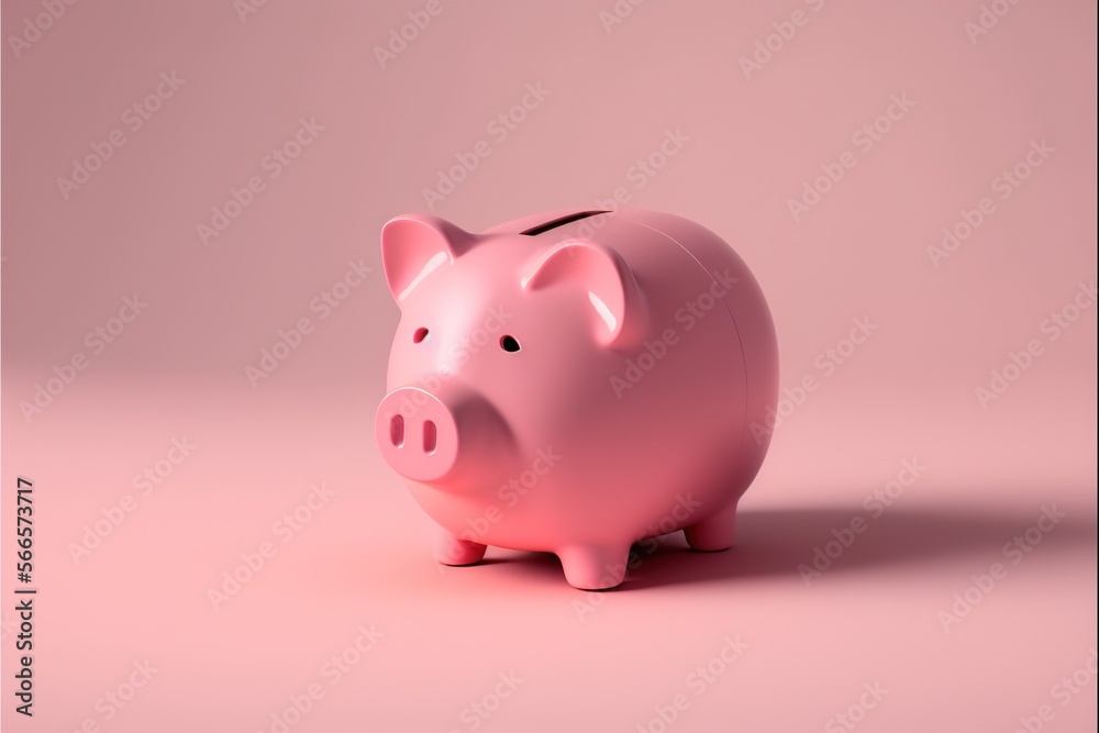 Image of pink piggy bank on pink background, created using generative ai technology
