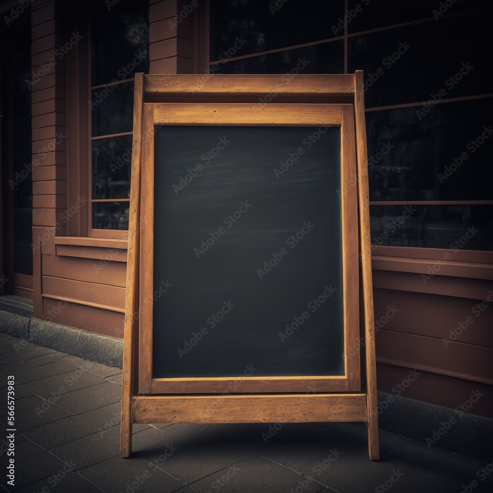 Image of wooden chalkboard outside store with copy space, created using generative ai technology