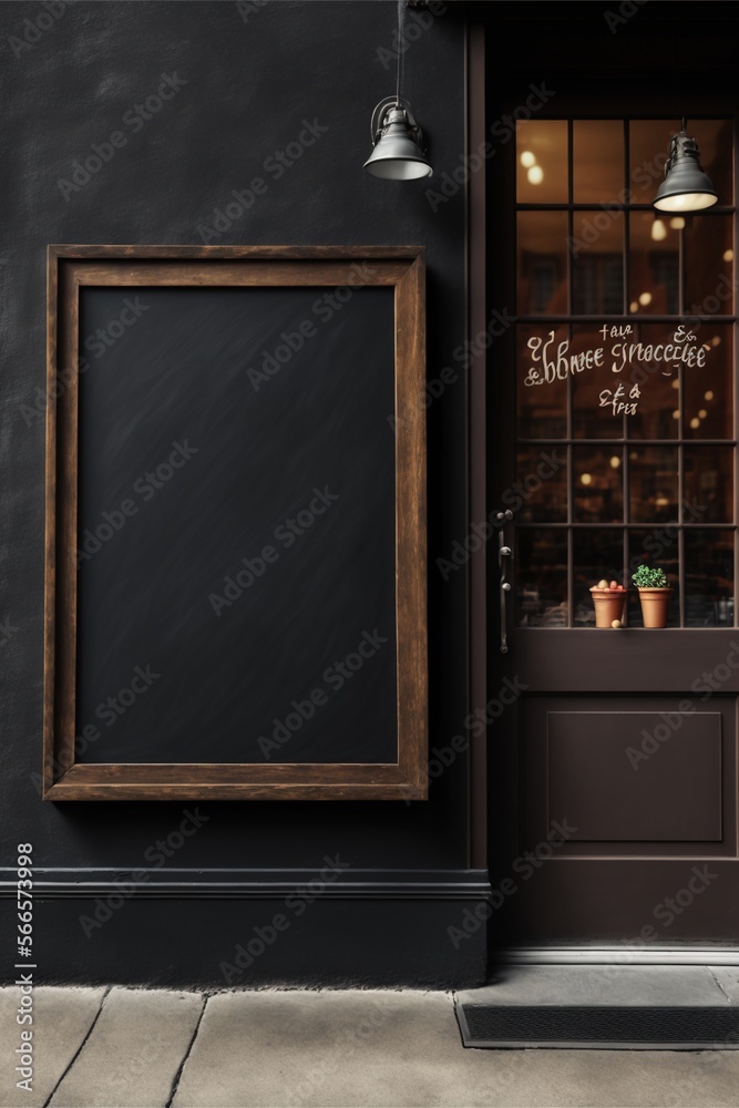 Image of plants and chalkboard outside store with copy space, created using generative ai technology