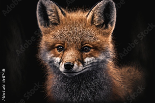 Portrait of cute fox on black background, created using generative ai technology