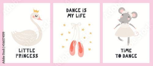 Cute animals, swan, mouse, ballerina girls, ballet dancers, pointe shoes. Posters, cards collection. Hand drawn vector illustration. Scandinavian style flat design. Concept kids fashion, textile print