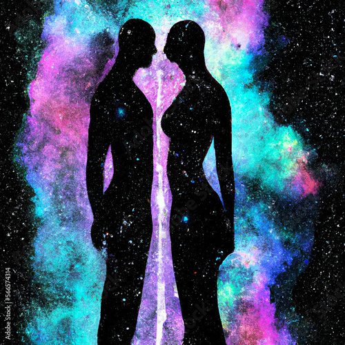 Man and Woman silhouettes at abstract cosmic background. Human souls couple in love and spiritual life concept – Generative AI illustration photo