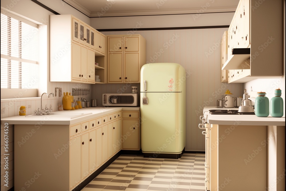 Image of retro kitchen interiors with fridge and appliances, created using generative ai technology Image of retro kitchen interiors with fridge and appliances, created using generative ai technology