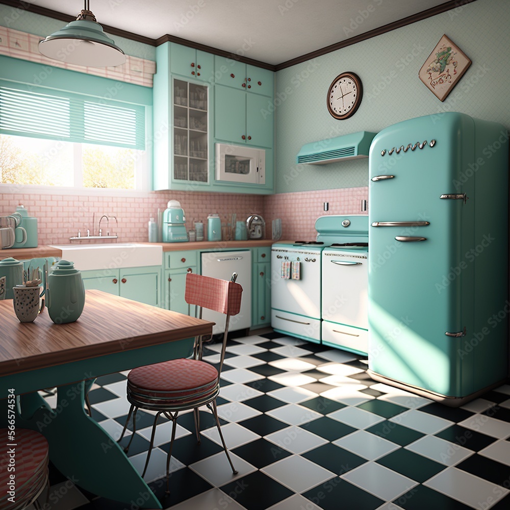 Image of retro kitchen interiors with fridge and appliances, created ...
