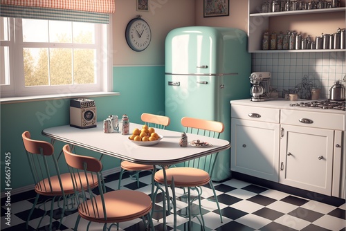 Image of retro kitchen and dining table interiors, created using generative ai technology