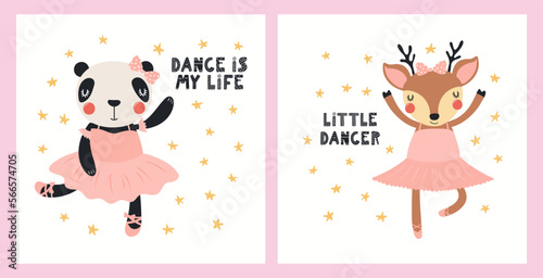 Cute funny animals, panda, deer, ballerina girls, ballet dancers. Posters, cards collection. Hand drawn vector illustration. Scandinavian style flat design. Concept for kids fashion, textile print.
