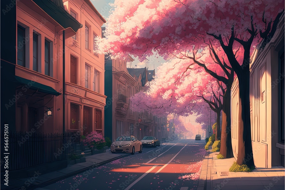  a painting of a street with cars parked on the side of the road and a tree with pink flowers on it and a few cars parked on the side of the street.  generative ai