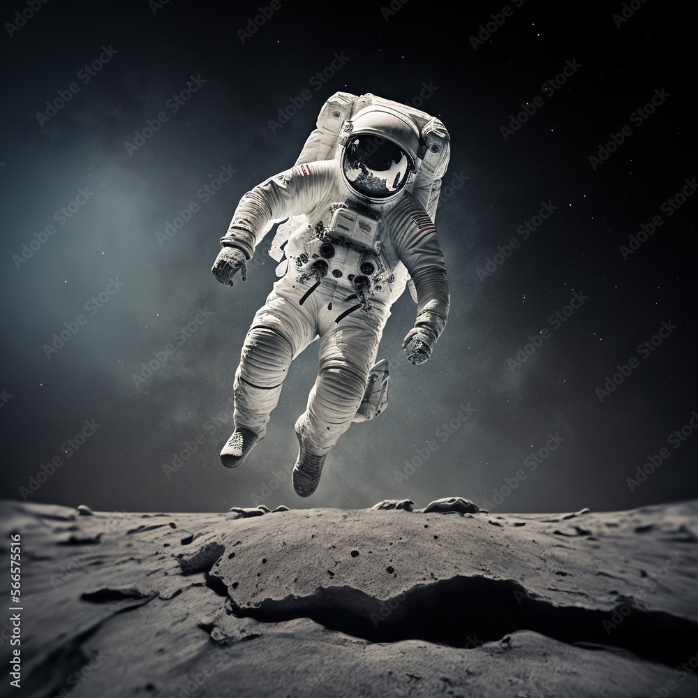 Fototapeta premium Astronaut exploring and floating on moon, created using generative ai technology