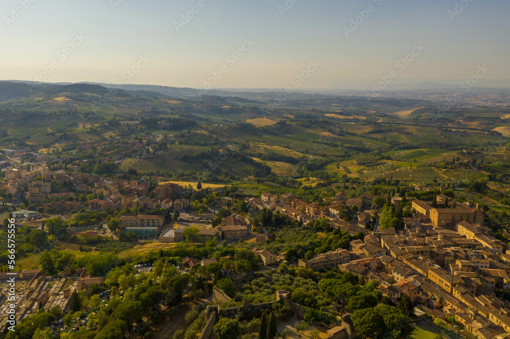 Drone view of old town in tuscany italy