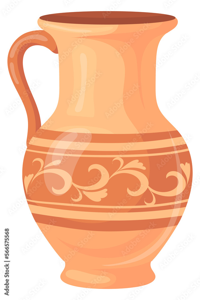 Clay craft pitcher. Ceramic jug in retro style