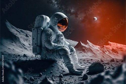 Astronaut sitting and exploring on moon, created using generative ai technology