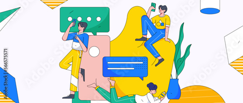 Virtual characters social communication concept business flat vector hand drawn illustration
