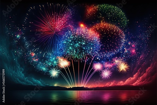 Multi coloured fireworks exploding over water, created using generative ai technology