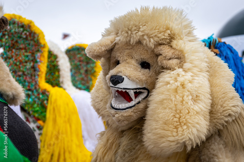 Gody Zywieckie 2023 - traditional winter parade of 'Dziady', folk custom in Zywiec region, man dressed in traditional costume of a bear, Milowka, Poland