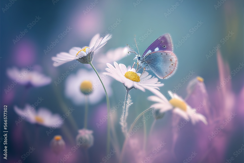 Naklejka premium Butterfly on beautiful wild flowers chamomile, purple wild peas in morning haze in nature, macro close-up. Generative AI