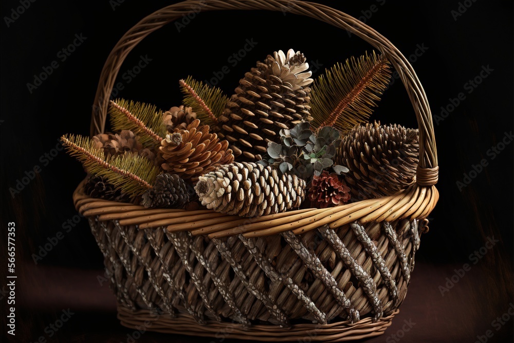  a basket filled with pine cones and pine cones on top of a wooden table next to a black background with a pine cone on top of the basket.  generative ai