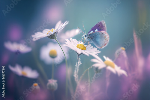 Butterfly on beautiful wild flowers chamomile, purple wild peas in morning haze in nature, macro close-up. Generative AI