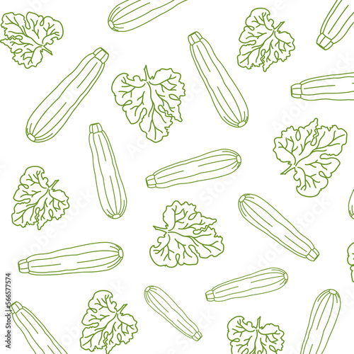 doodle seamless pattern with zucchini, zucchini. Vector poster with vegetables on a white background with green lines