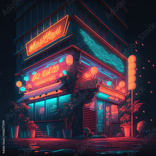 Bar Cafe Shop Building Facade with Neon Label and Lights at Night Generative AI Illustrations © Vitaly Art