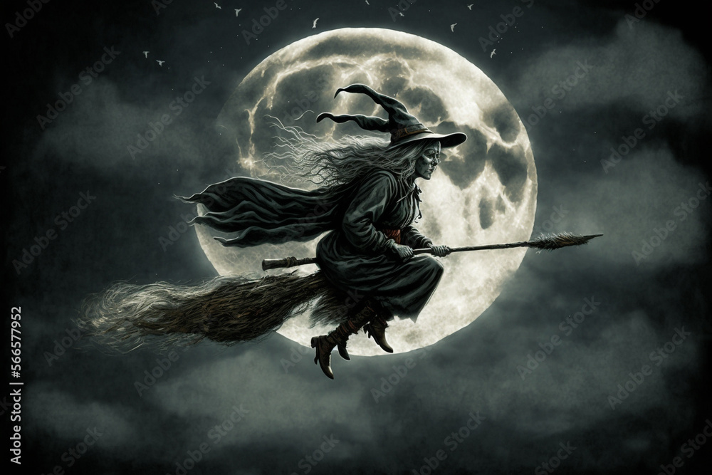 Generative Ai of a black witch flying on a broom at full moon. Stock ...