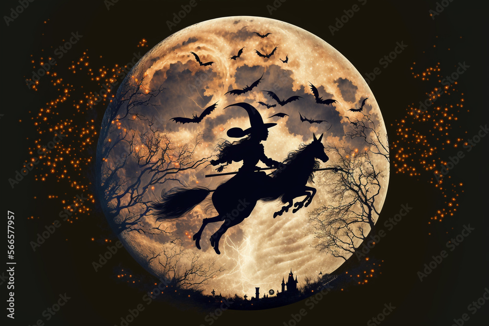 Generative Ai of a black witch flying on a broom at full moon. Stock ...