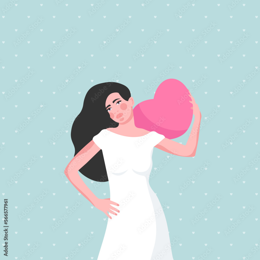 Banner with woman in white dress, hugging pink heart. Happy Valentine's Day. Flat vector illustration.