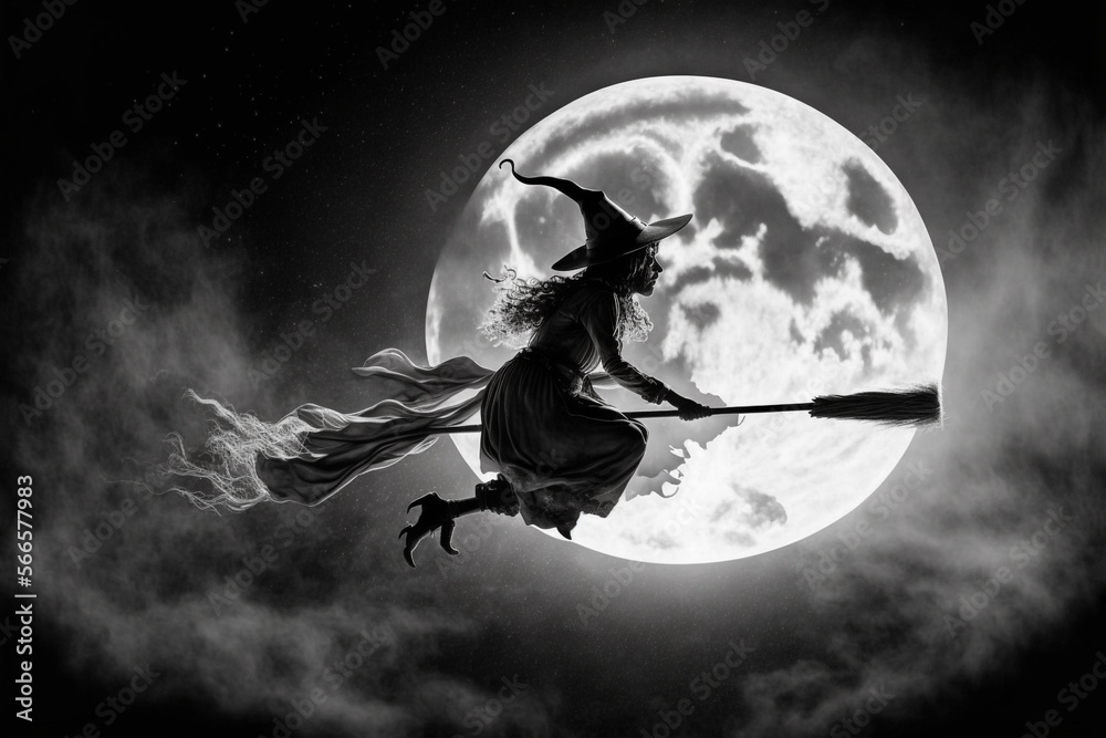 Generative Ai of a black witch flying on a broom at full moon. Stock ...